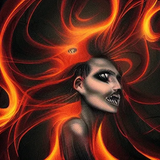 Prompt: “a feminine humanoid inferno rushing towards you, creepy, stunning digital art”