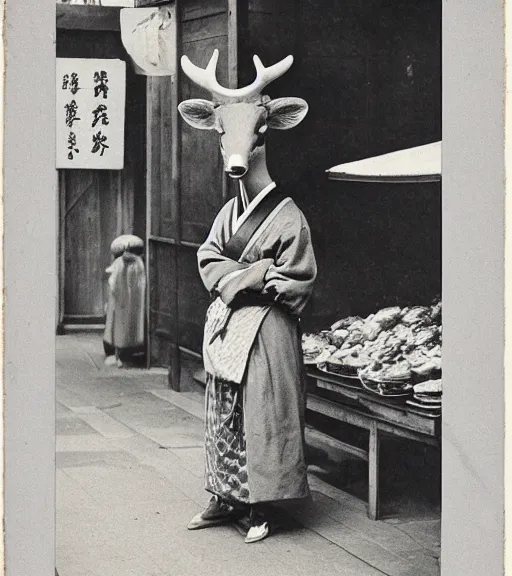 Image similar to 1 8 th century japanese street market in kyoto 1 9 0 0 s early photography portrait anthro anthropomorphic deer head animal person fursona wearing clothes street trader