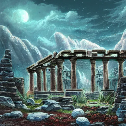 Image similar to ancient ruins in the tundra, retrowave epic art, trending on art station