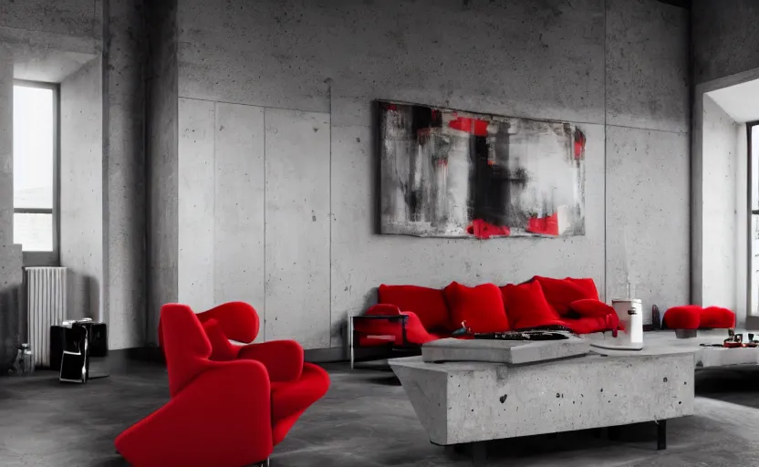 Image similar to a concrete room with a wooden table and a leather sofa and paintings on the wall, high quality, 8 k, architecture, symmetrical, harmonious, black white and red colours, calm, high coherence, natural lighting, path traced, highly detailed, hyperrealistic, concept art, octane render, unreal engine 5, trending on artstation, beautiful, elegant