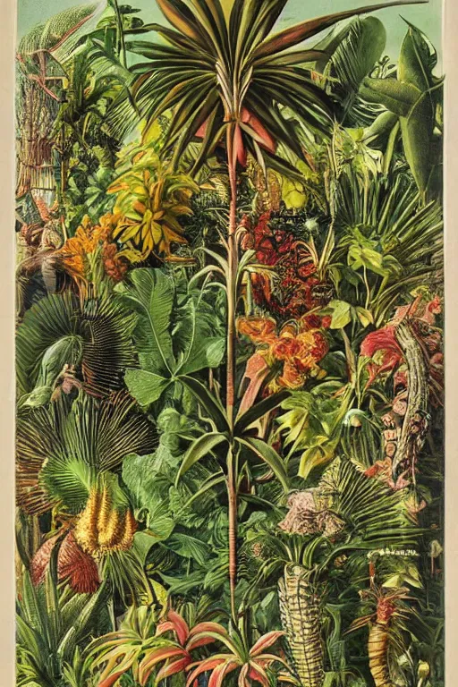 Image similar to vintage magazine advertisement depicting all of the tropical plants in the world, by marius lewandowski, by ernst haeckel
