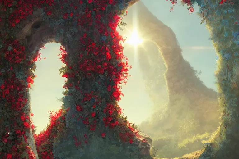 Prompt: broken arches leading to the pillars of eternity draped with red flowers and vines, blue sky, lens flare, a sense of mystery, cinematic, ultra detailed, intricate, sharp focus, trending on artstation, 8K, comic artwork cover by James Jean