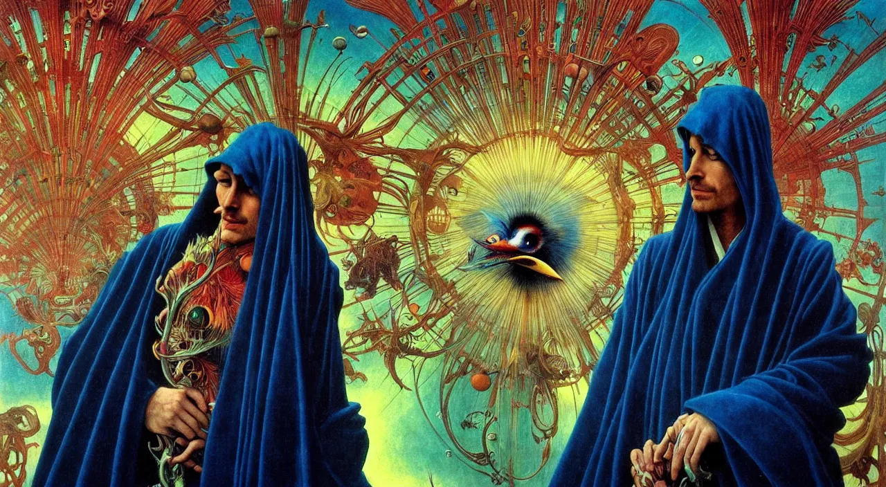 Image similar to realistic detailed portrait movie shot of a birdman wearing dark robes, sci fi city landscape background by denis villeneuve, amano, yves tanguy, alphonse mucha, ernst haeckel, max ernst, roger dean, masterpiece, rich moody colours, blue eyes, occult