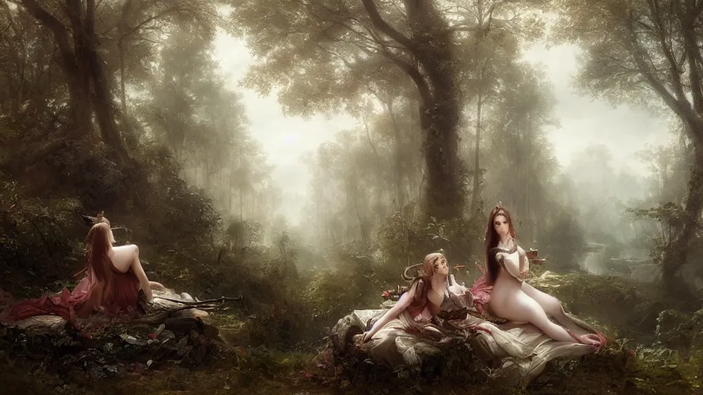 Image similar to elven princess sitting with the monkey god in the melancholy forest. andreas achenbach, artgerm, mikko lagerstedt, zack snyder, tokujin yoshioka