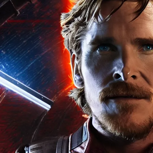 Prompt: film still of Christian Bale as Star Lord in Guardians of the galaxy