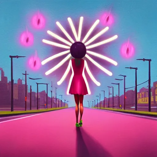 Image similar to giant daisy flower head, woman walking in a modern city with neon, surreal photography, night, dark, stars, impressionist painting, digital painting, artstation, simon stalenhag