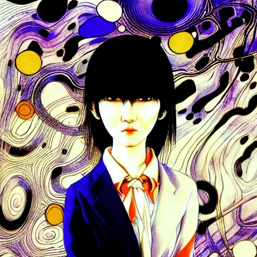 Prompt: yoshitaka amano blurred and dreamy three quarter angle portrait of a young woman with white hair and black eyes wearing dress suit with tie, playstation 2 horror game, junji ito abstract patterns in the background, satoshi kon anime, chungking express color palette, noisy film grain effect, highly detailed, renaissance oil painting, weird portrait angle