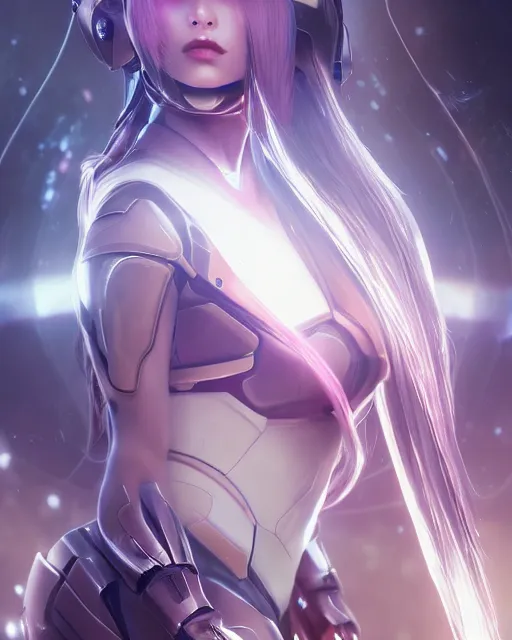 Image similar to perfect android girl on a mothership, warframe armor, beautiful face, scifi, futuristic, galaxy, nebula, raytracing, dreamy, long white hair, blue cyborg eyes, sharp focus, cinematic lighting, highly detailed, artstation, divine, by gauthier leblanc, kazuya takahashi, huifeng huang