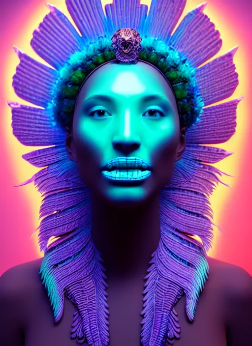 Image similar to 3 d goddess profile portrait, sigma 5 0 0 mm f / 5. beautiful intricate highly detailed quetzalcoatl skull and feathers. bioluminescent, plasma, lava, ice, water, wind, creature, thunderstorm! artwork by tooth wu and wlop and beeple and greg rutkowski, 8 k trending on artstation,