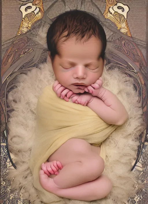 Image similar to newborn photography of a swaddled baby as painted in art nouveau style by alphonse mucha