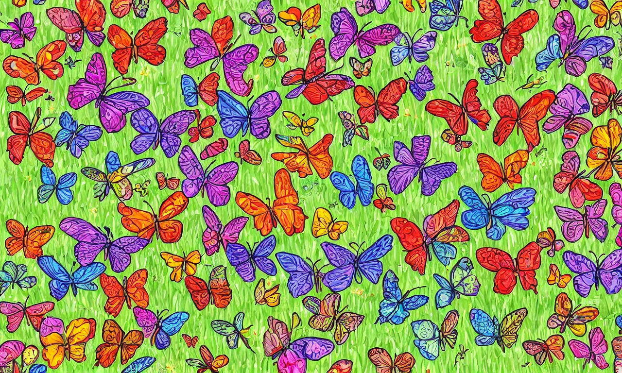 Prompt: lots of colorful butterflies flying above a meadow summer scene