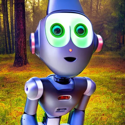 Image similar to very cute robot, portrait, pixar style, forest background, cinematic lighting, award winning creature portrait photography