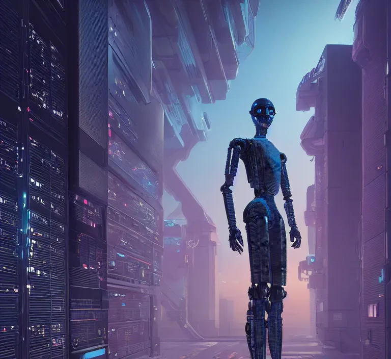 Image similar to hyperrealism stock photography of highly detailed stylish humanoid robot in cyberpunk sci - fi style by gragory crewdson and vincent di fate, mike winkelmann with many details by josan gonzalez working at the highly detailed data center by mike winkelmann and laurie greasley hyperrealism photo on dsmc 3 system rendered in blender and octane render