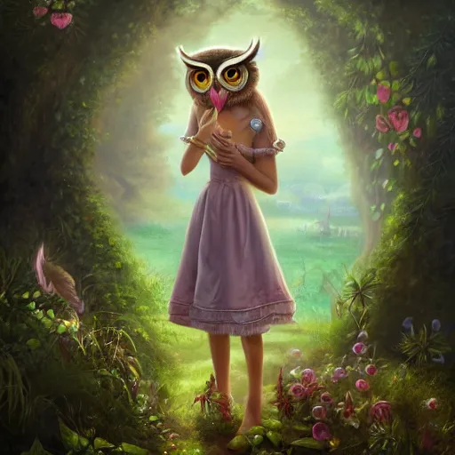 Prompt: an anthropomorphic Owl Girl wearing a sundress and a tiara, garden, summer, 8k resolution matte fantasy painting, cinematic lighting, DeviantArt, Artstation, Jason Felix Steve Argyle Tyler Jacobson Peter Mohrbacher