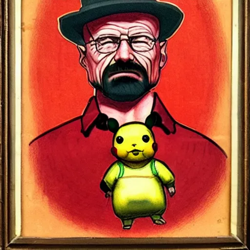 Prompt: 19th century portrait of Walter White holding Pikachu, red color pallette, dark lighting