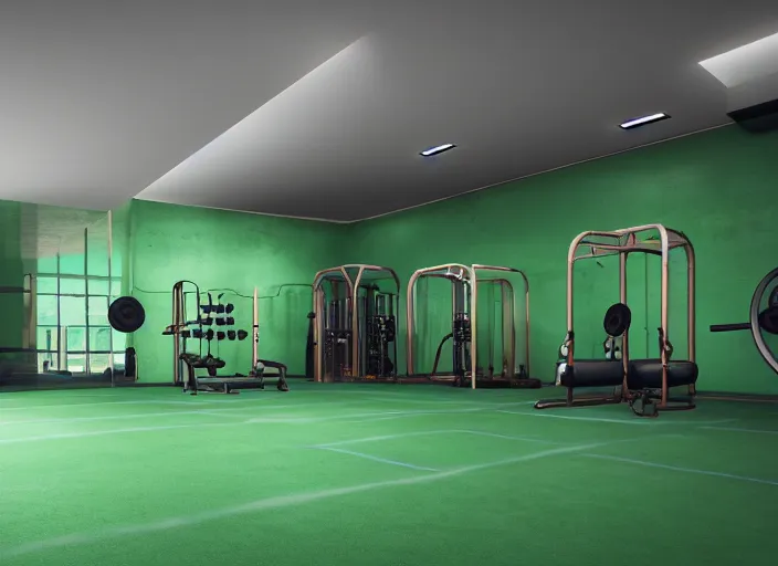 Image similar to photograph of a gym build on a bunker, cinematographic, sharp focus, elegant, green light, unreal engine 5, octane, 4 k