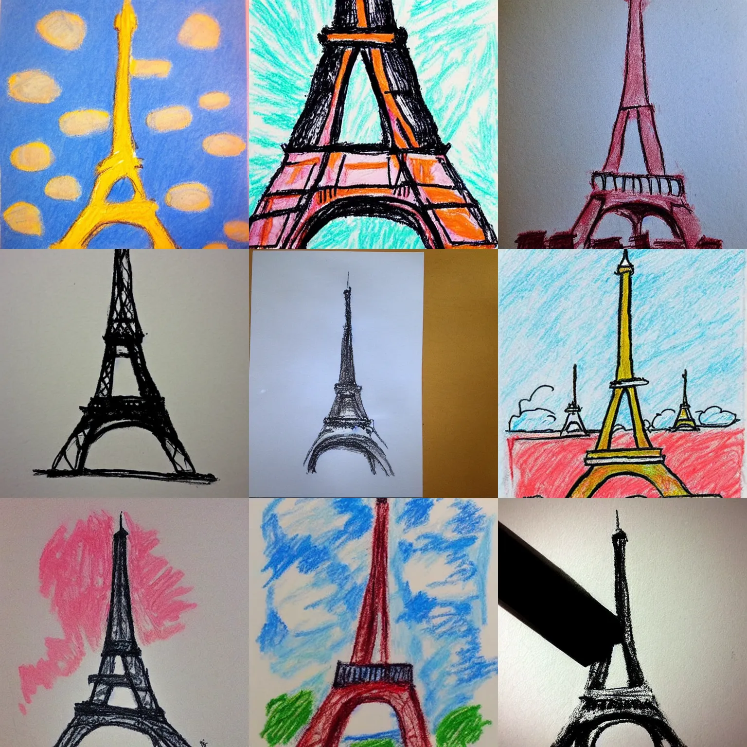 Prompt: “a child’s crayon drawing of the Eiffel Tower”