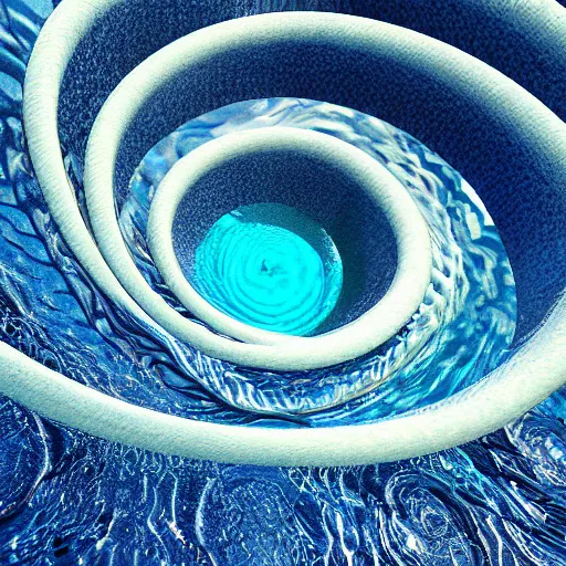 Prompt: water artwork manipulation in the shape of a 3 d spiral on the ocean water, ray tracing, realistic water, focus, long shot, 8 k resolution, cinematic, water art photoshop