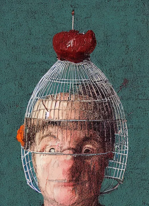 Image similar to a person with a birdcage instead of head by frank frazzetta