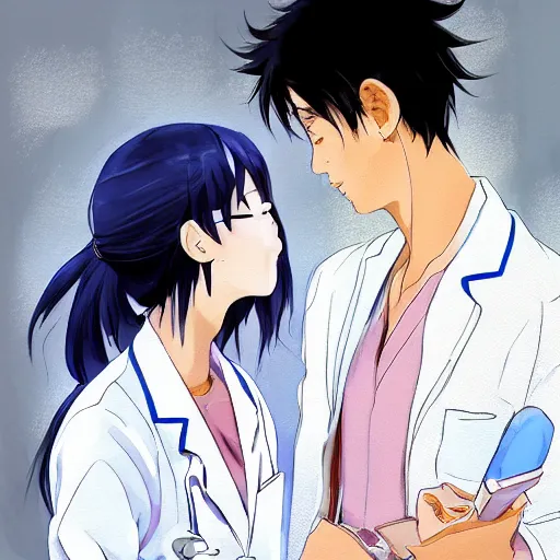 Prompt: a cute and beautiful young female doctor wearing white coat are talking with a handsome young man wearing white coat in a hospital ward, highly detailed, digital painting, slice of life anime, illustration, anime scenery by Makoto shinkai