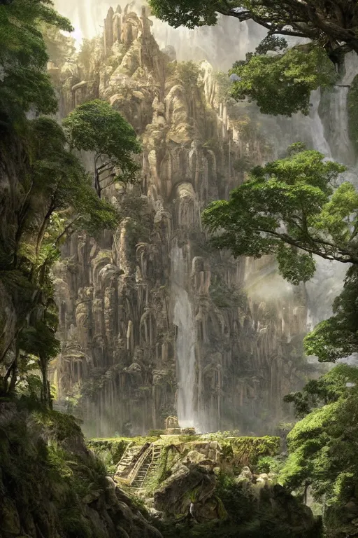 Prompt: carved into the Rock a citadel-temple-cathedral above a waterfall , gnarly trees, lush vegetation, forrest, a small stream runs beneath the waterfall, landscape, raphael lacoste, eddie mendoza, alex ross, concept art, matte painting, highly detailed, rule of thirds, dynamic lighting, cinematic, detailed, denoised, centerd