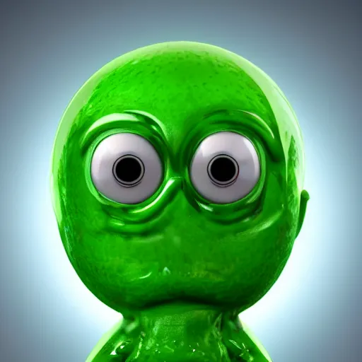 Prompt: 3 d octane render of a transparent chibi green slimeball character with eyes