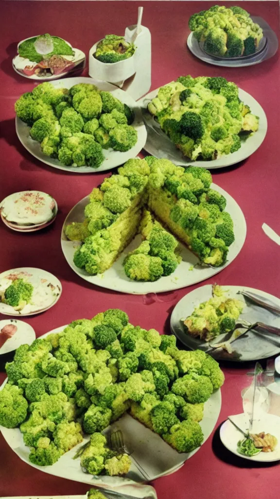 Prompt: 7 0 s food photography of a cake made out of broccoli and farts