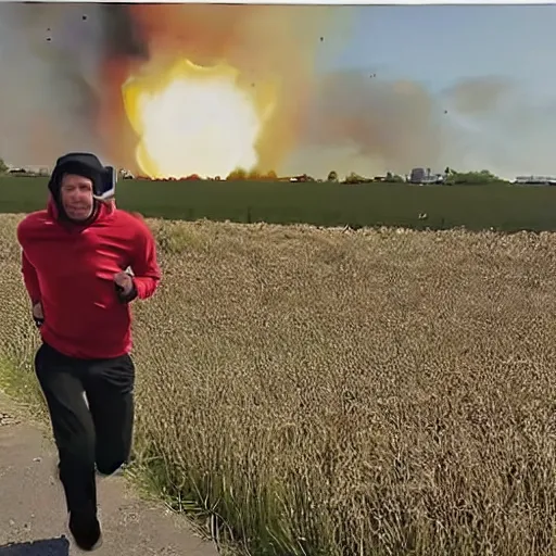 Image similar to cctv footage of a man running across a field, in the background is a large explosion, highly detailed, very realistic.