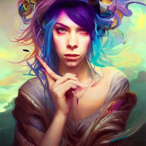 Prompt: ! dream an epic vibrant mixed pastels and watercolor painting of a beautiful enchanting female billie eilish cyberpunk sorceress in the high clouds, lomo effect, cgsociety # conceptart cg, # oc, by stephanie hans by peter mohrbacher by charlie bowater by ashley wood