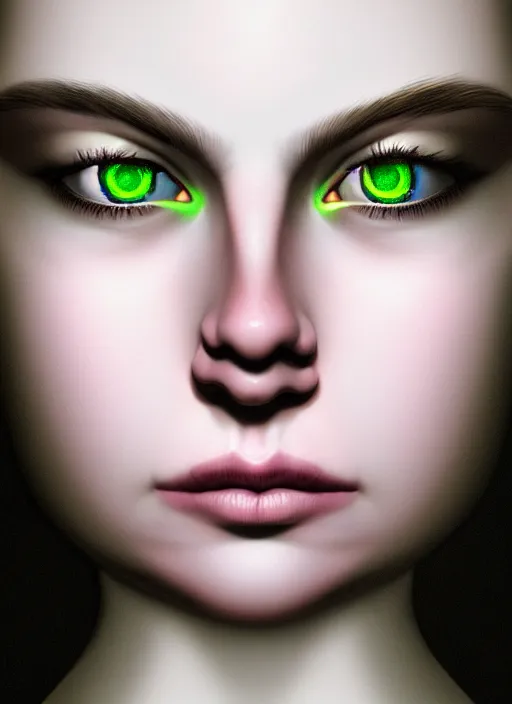 Image similar to portrait of a ominous girl, perfect green eyes, detailed iridescent floral pattern skin, ultra realistic, cinematic lighting, depth of field, artstation, Gottfried Helnwein