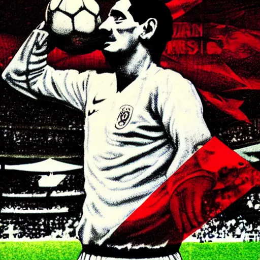 Prompt: Fritz Walter standing above Kaiserslautern as a football god, digital art, colored, highly detailed