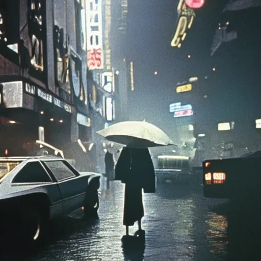 Image similar to 1 9 8 2 film stills of blade runner, with rachel with beyonce, and doja cat, having a night on the town. rainy and smoky with futuristic vehicles overhead and people carrying neon umbrellas.