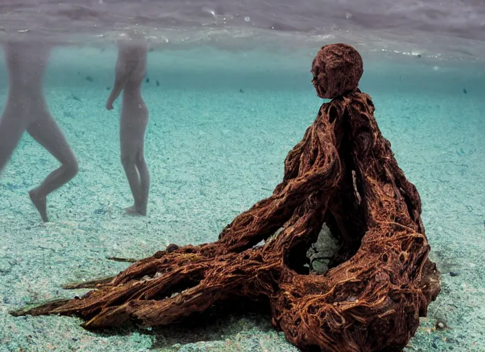 Prompt: dslr esculpture made from roots interwovem in the shape of a woman in the bottom of the sea, 8 5 mm f 1. 8