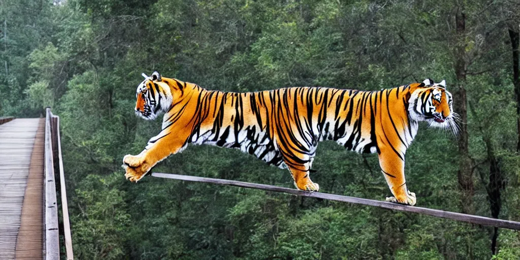 Prompt: a tiger running on a suspended bridge