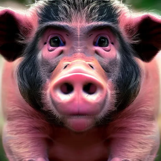 Image similar to pig monkey hybrid, bold natural colors, national geographic photography, masterpiece, full shot