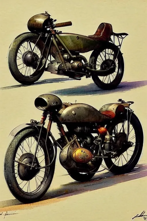 Prompt: (((((1950s racing motorcycle with dustbin fairing . muted colors.))))) by Jean-Baptiste Monge !!!!!!!!!!!!!!!!!!!!!!!!!!!