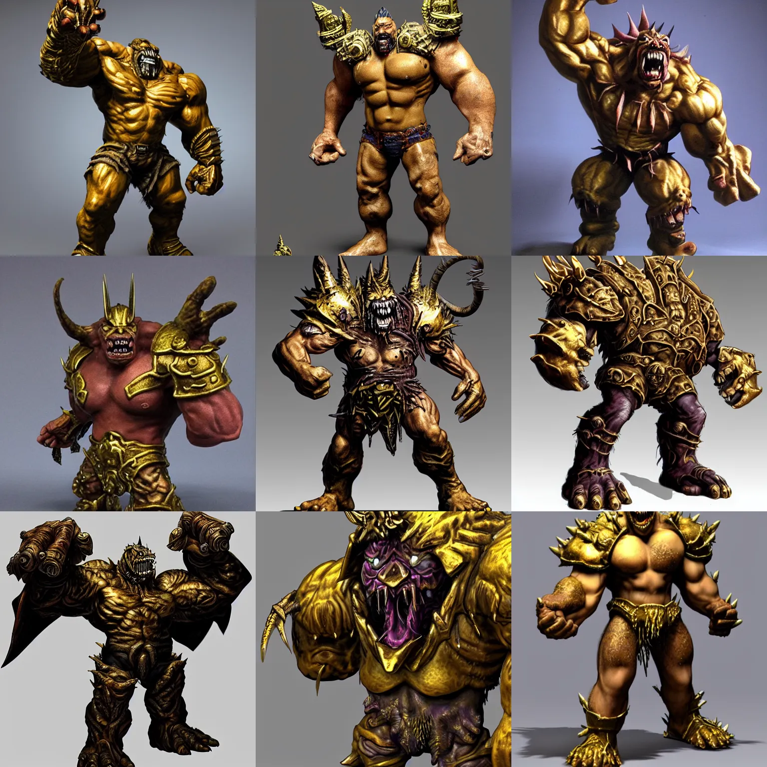 Prompt: ugly monster by Chris Metzen, spikes on the body, huge muscles, gold armor