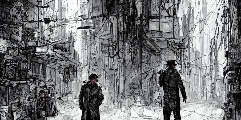 Image similar to a haggard detective in a trenchcoat scanning a crimescene in a dystopian cyberpunk alley, sketchy artstyle, digital art, dramatic, thick lines, rough lines, line art, cinematic, trending on artstation