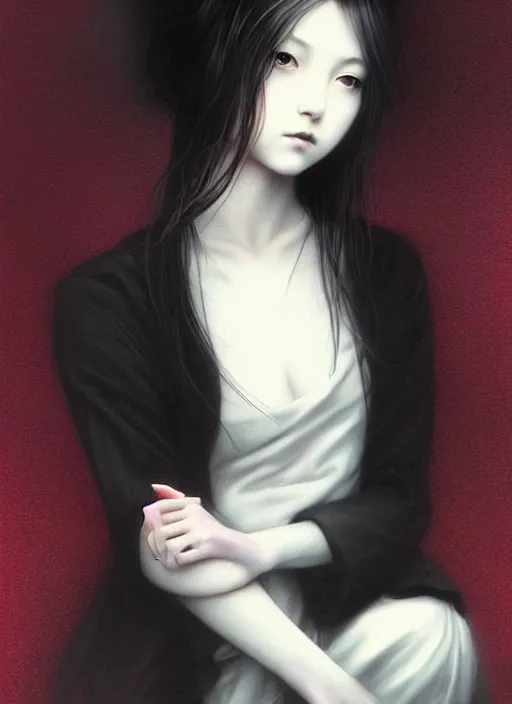 Image similar to an attractively pretty young woman with morbid thoughts wearing a Japanese-style school uniform, she is the queen of black roses, by Casey Baugh, Steve Caldwell, Gottfried Helnwein, Yasunari Ikenaga, and Range Murata.