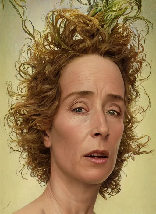 Image similar to emma thompson as an organic vegetable, diffuse lighting, fantasy, intricate, elegant, highly detailed, lifelike, photorealistic, digital painting, artstation, illustration, concept art, smooth, sharp focus, art by john collier and albert aublet and krenz cushart and artem demura and alphonse mucha