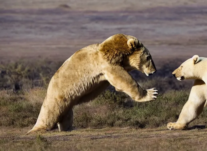 Image similar to a lion fighting a polar bear