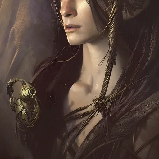 Image similar to hyper realistic photograph portrait of elven scavenger sorceress, cinematic, artstation, cgsociety, greg rutkowski, james gurney, mignola, craig mullins, brom