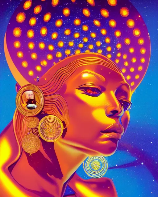 Image similar to a portrait of a golden skinned goddess with a lazer shining into the top of her head charkra, pieces expanding from impact gold and blue by moebius +james jean + peter mohrbacher + syd mead + illustrative + visionary art + low angle + oil painting + 3/4 portrait + asymmetry