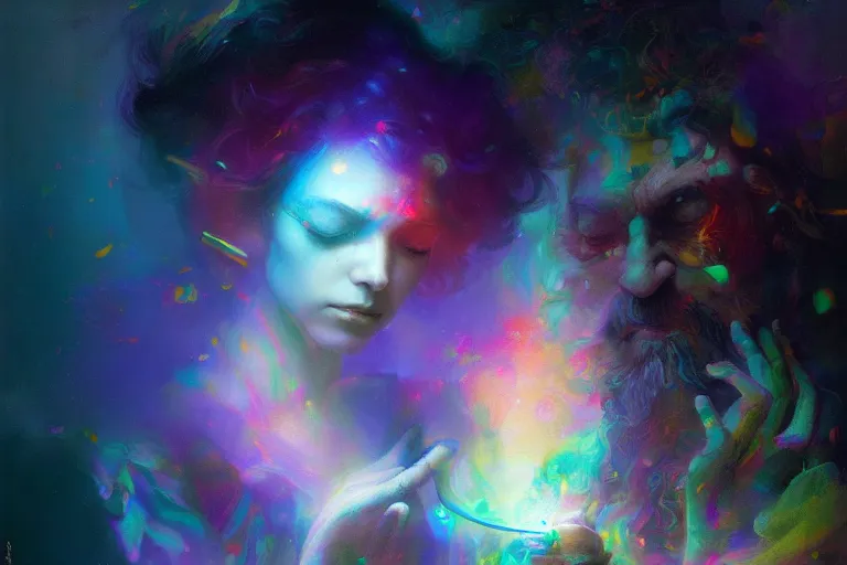 Image similar to a psychedelic realm hidden away in a pocket of ethereal understanding / astral beings sharing love greg rutkowski wlop lisa frank bob ross | ruan jia | illustration