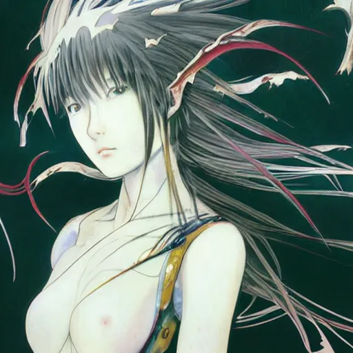 Prompt: Yoshitaka Amano blurred and dreamy illustration of an anime girl with black eyes, wavy white hair fluttering in the wind and cracks on her face wearing elden ring spiky armor, abstract black and white patterns on the background, noisy film grain effect, highly detailed, Renaissance oil painting, weird portrait angle, evangelion color palette