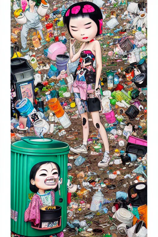 Image similar to full view, from a distance, of anthropomorphic taiwanese trashcan full of trash, style of yoshii chie and hikari shimoda and martine johanna, highly detailed