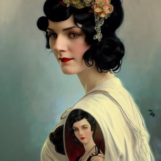 Prompt: a portrait of a woman with black hair, dressed in 1920's fashion, D&D, fantasy, intricate, elegant, highly detailed, digital painting, artstation, concept art, matte, sharp focus, illustration, art by Artgerm and Greg Rutkowski and Alphonse Mucha