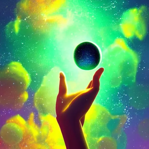 Prompt: a high quality artwork, human hand holding a bunch of soap bubbles in a cosmic space full of stars and clouds, volumetric light, green and yellow colors, digital art, artstation