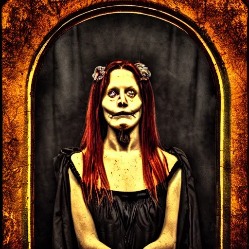 Image similar to portrait of a cursed photograph of a disturbing witch, horror, award winning photography, hdr, studio lighting medium close shot, mucha style,