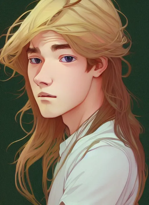 Image similar to pretty young man with shoulder length shiny shimmering golden blond hair, path traced, highly detailed, high quality, digital painting, by studio ghibli and alphonse mucha, leesha hannigan, makoto shinkai, disney